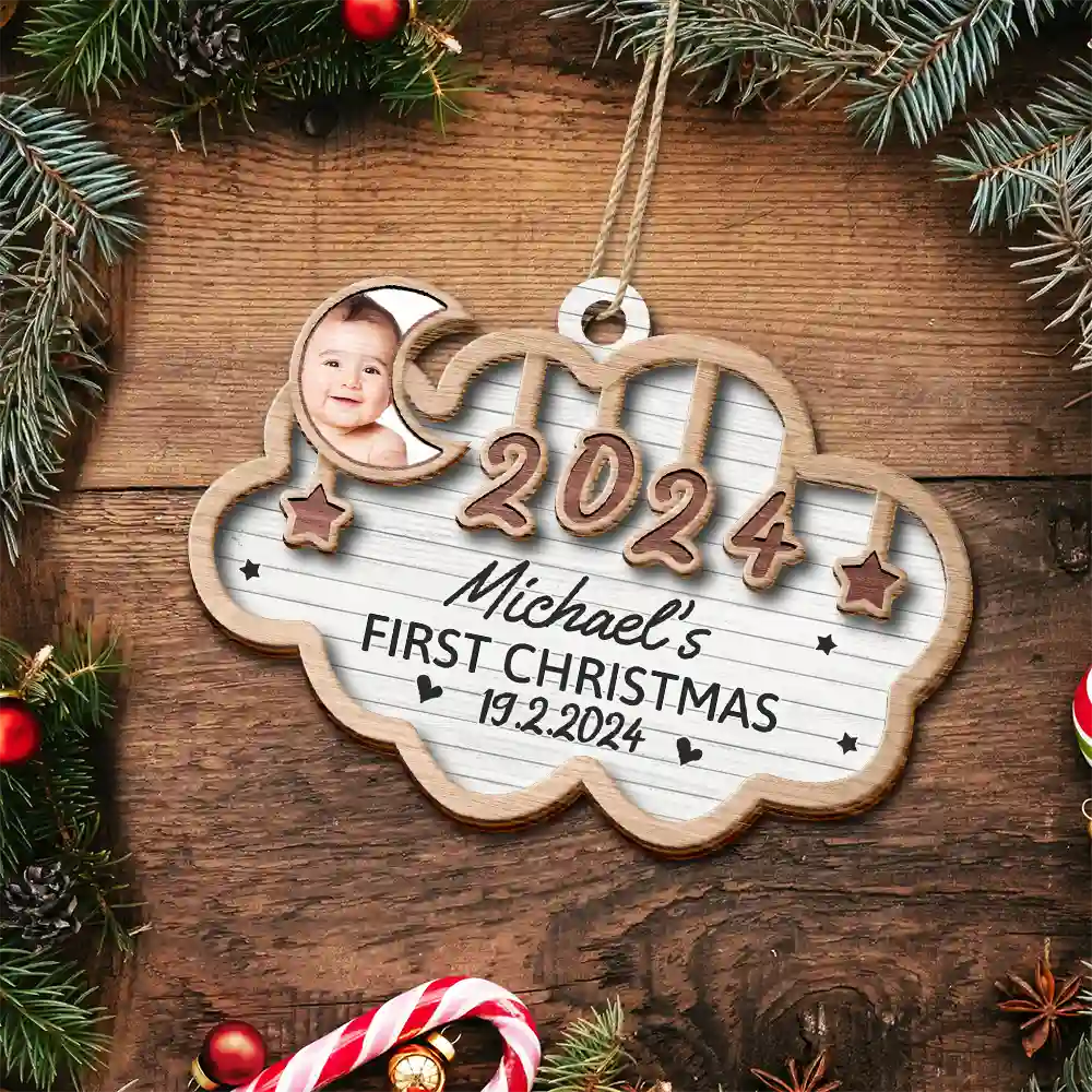 Custom Photo Baby's First Christmas 2024 - Personalized 2-Layered Wooden Ornament - Image 5