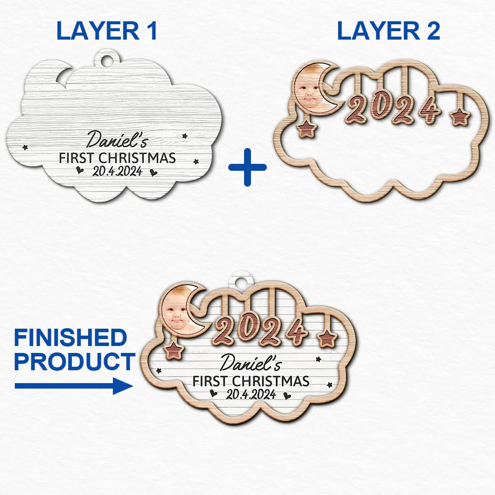 Custom Photo Baby's First Christmas 2024 - Personalized 2-Layered Wooden Ornament - Image 6