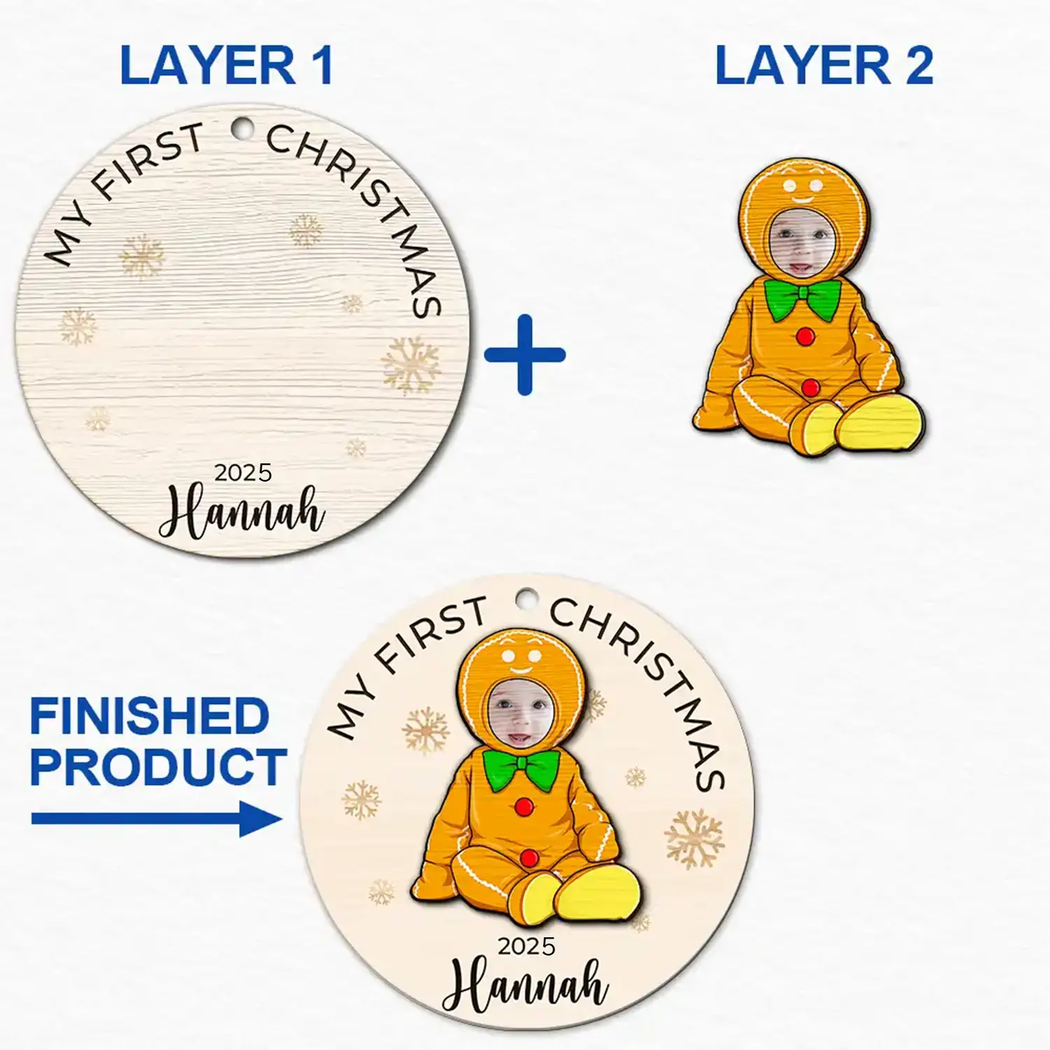 Custom Photo Baby's First Christmas Costumes - Personalized 2-Layered Wooden Ornament - Image 7