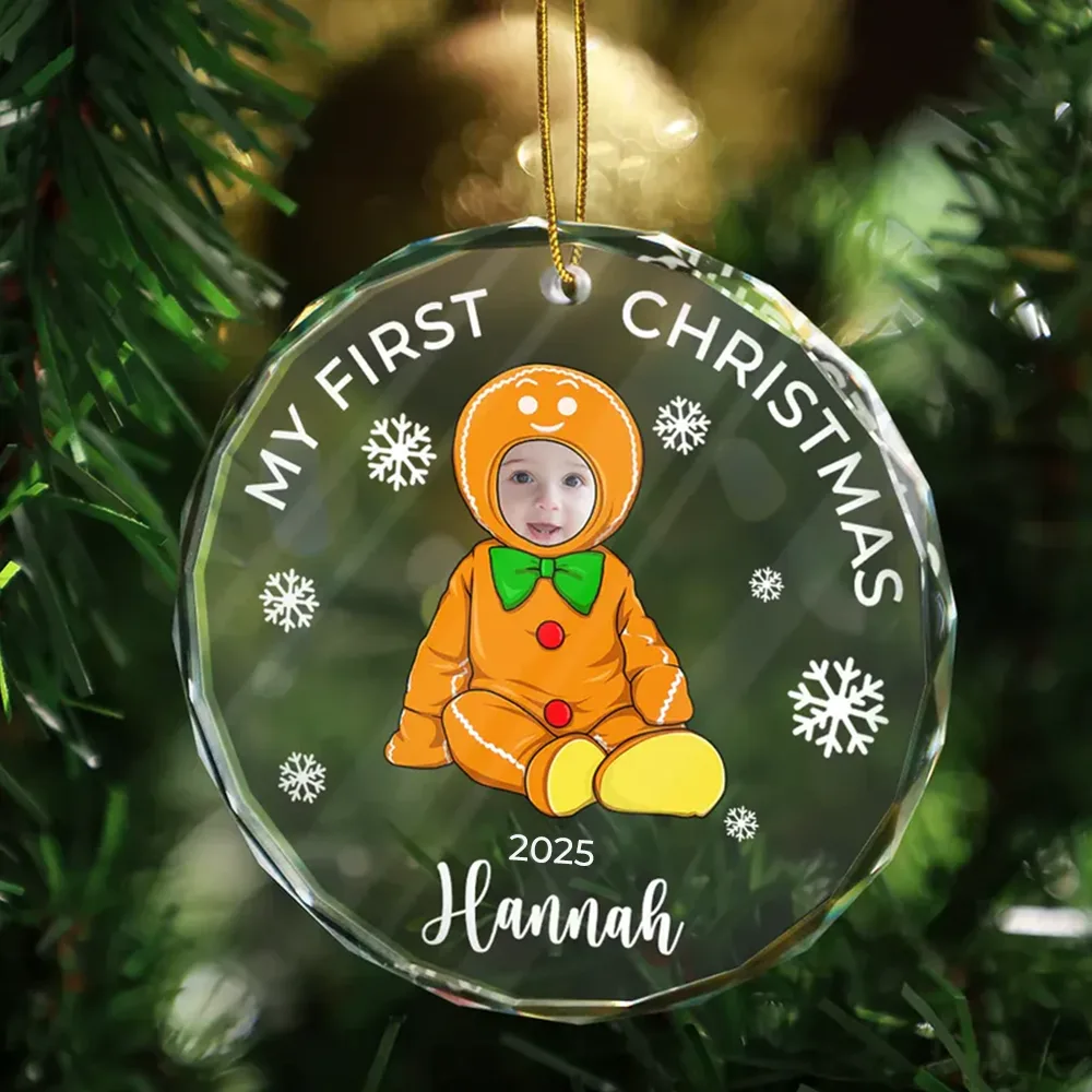 Custom Photo Baby's First Christmas Costumes - Personalized Circle Glass Ornament - Image 4