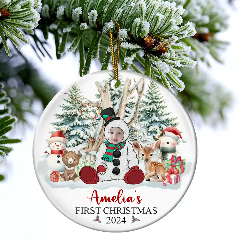 Custom Photo Baby's First Christmas Funny Face - Personalized Circle Ceramic Ornament - Image 5