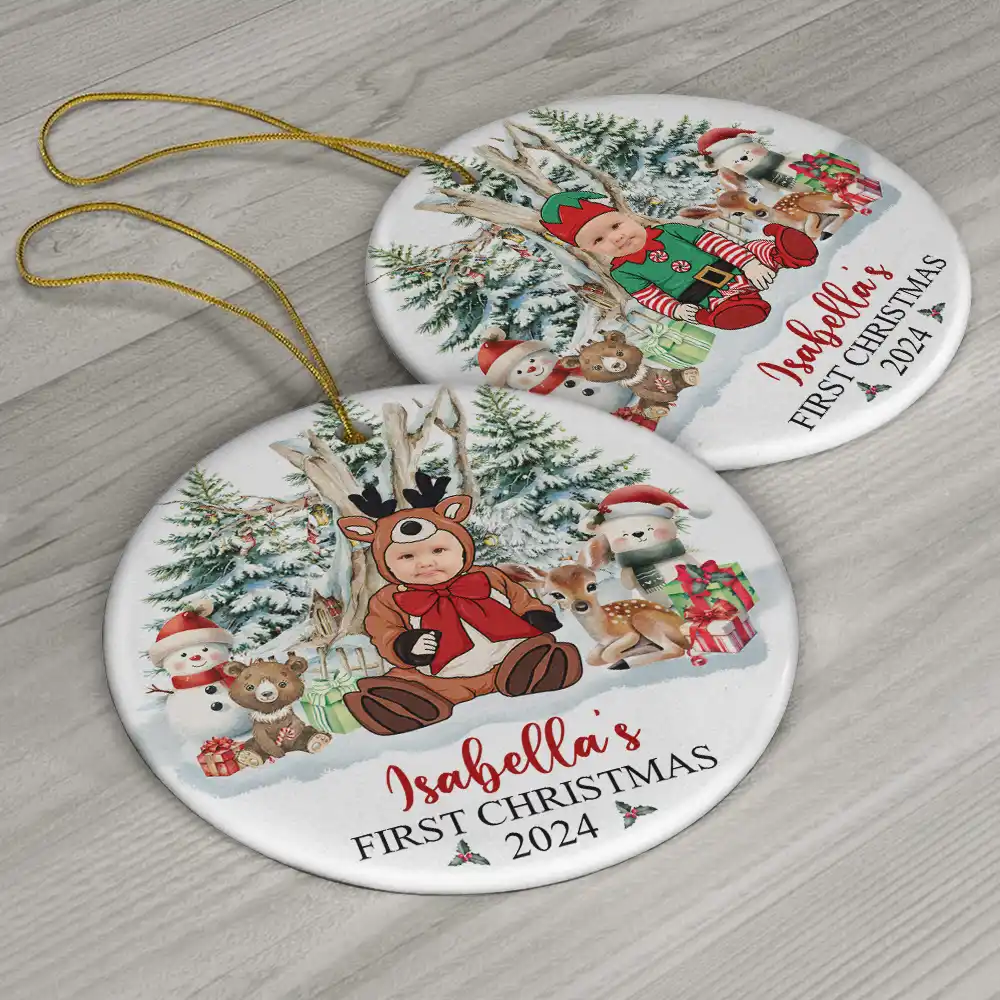 Custom Photo Baby's First Christmas Funny Face - Personalized Circle Ceramic Ornament - Image 7
