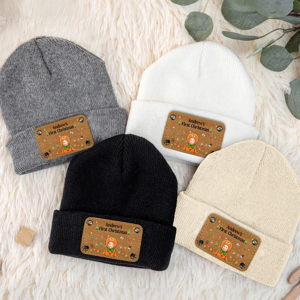 Custom Photo Baby's First Christmas - Personalized Beanie With Leather Patch - Image 3