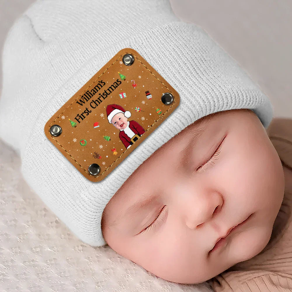 Custom Photo Baby's First Christmas - Personalized Beanie With Leather Patch - Image 4
