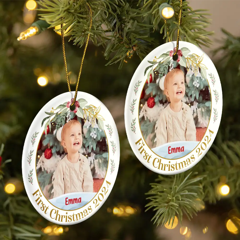 Custom Photo Baby's First Christmas - Personalized Circle Ceramic Ornament - Image 2
