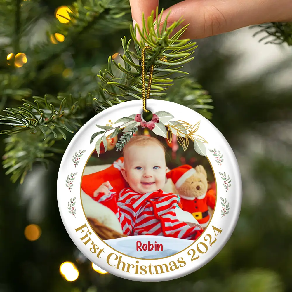 Custom Photo Baby's First Christmas - Personalized Circle Ceramic Ornament - Image 3