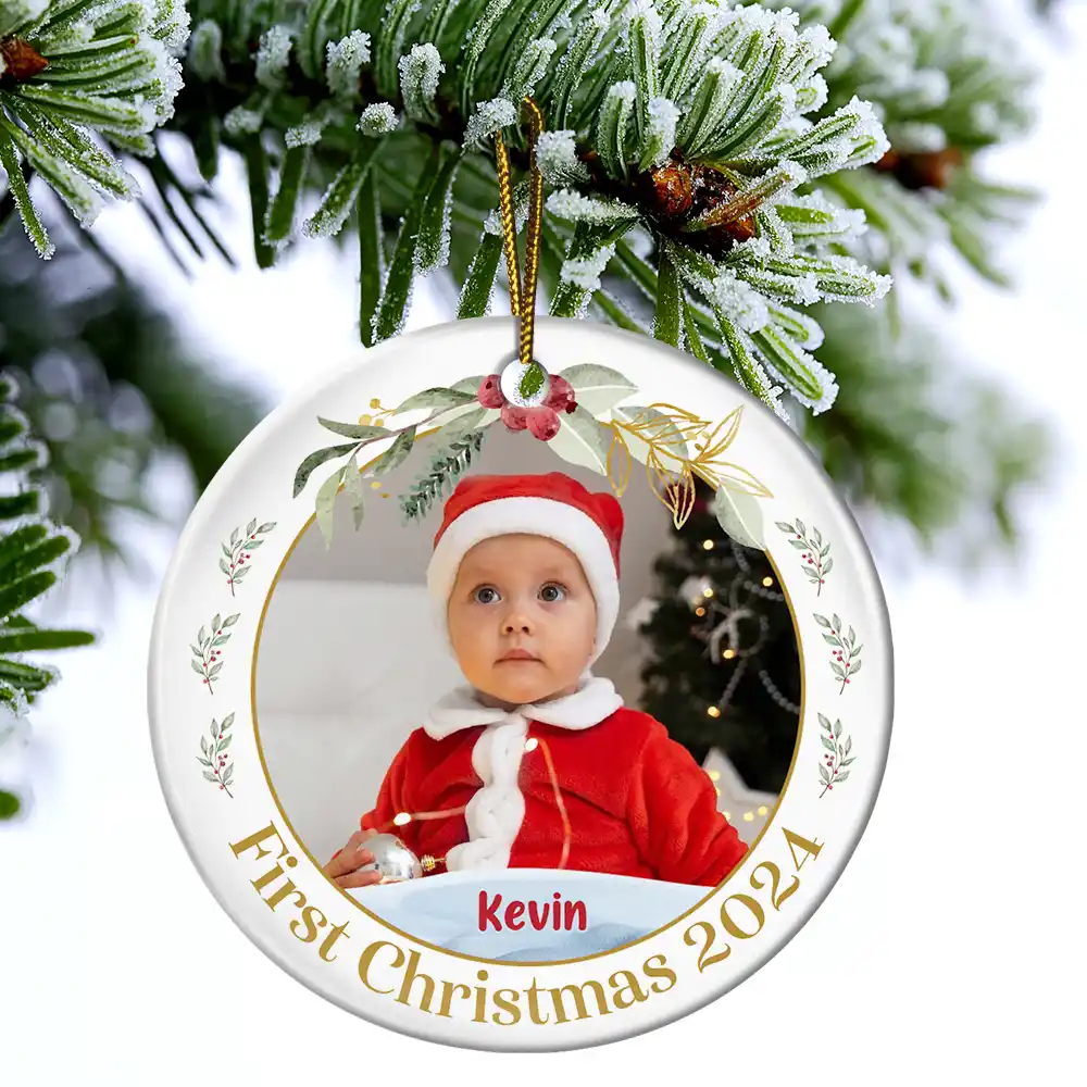Custom Photo Baby's First Christmas - Personalized Circle Ceramic Ornament - Image 4