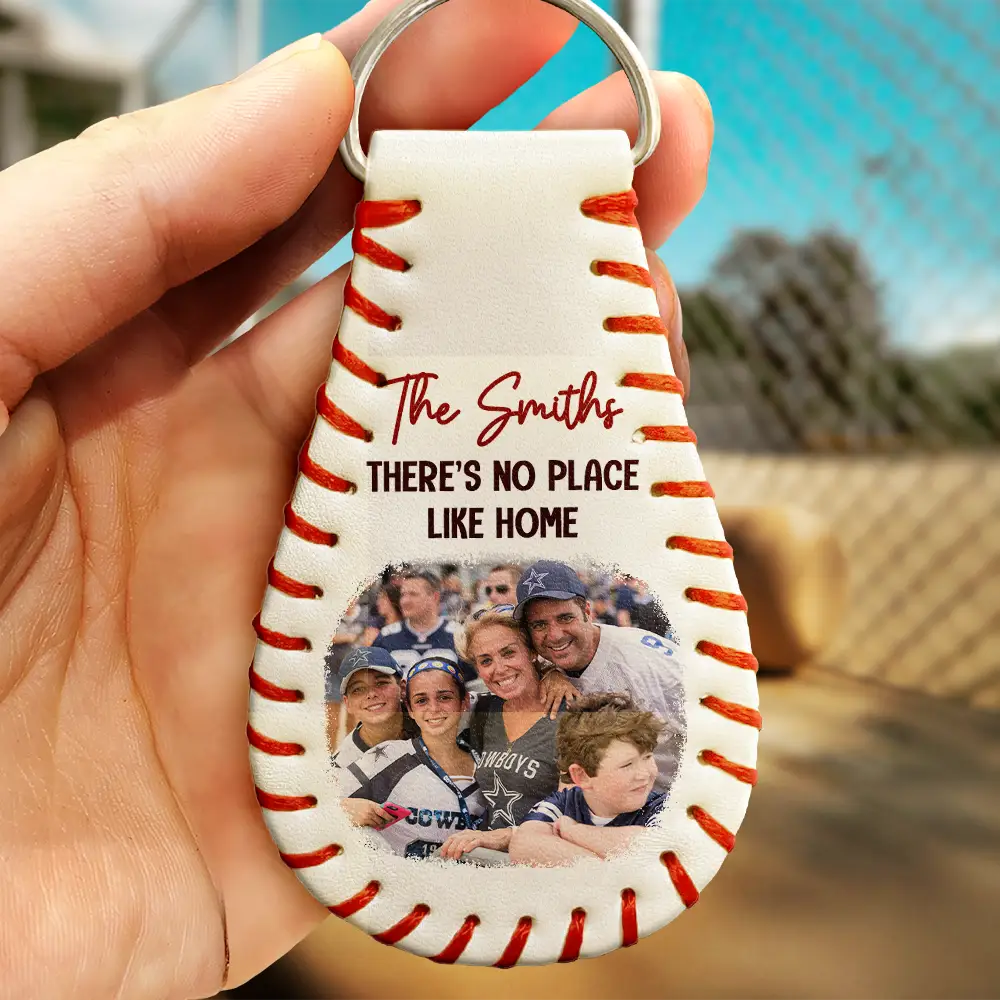 Custom Photo Baseball Family There's No Place Like Home - Personalized Leather Baseball Keychain - Image 2