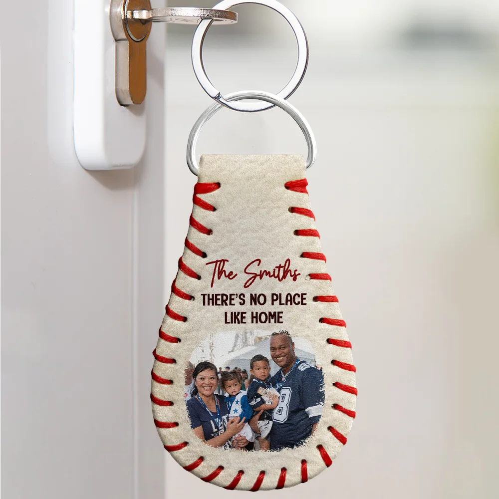 Custom Photo Baseball Family There's No Place Like Home - Personalized Leather Baseball Keychain - Image 3