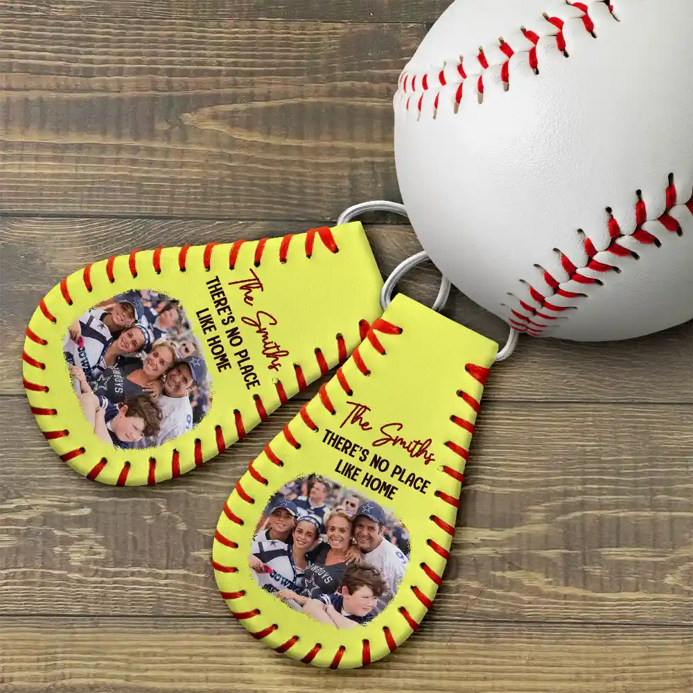 Custom Photo Baseball Family There's No Place Like Home - Personalized Leather Baseball Keychain - Image 4