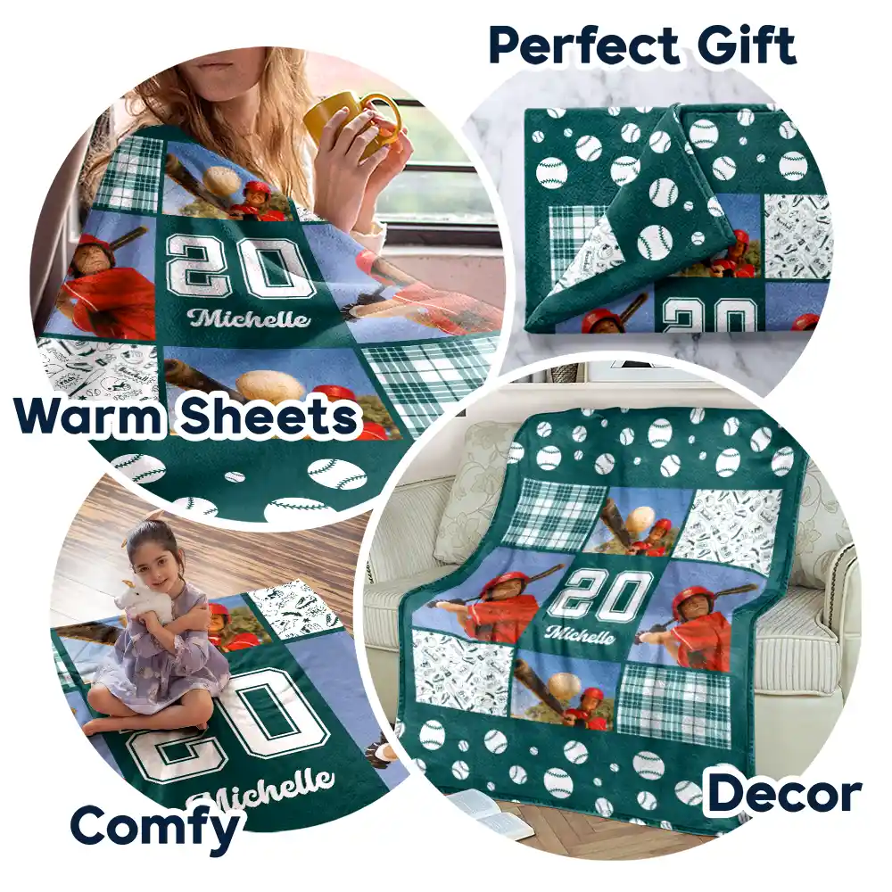 Custom Photo Baseball Pattern - Personalized Fleece Blanket, Sherpa Blanket - Image 7