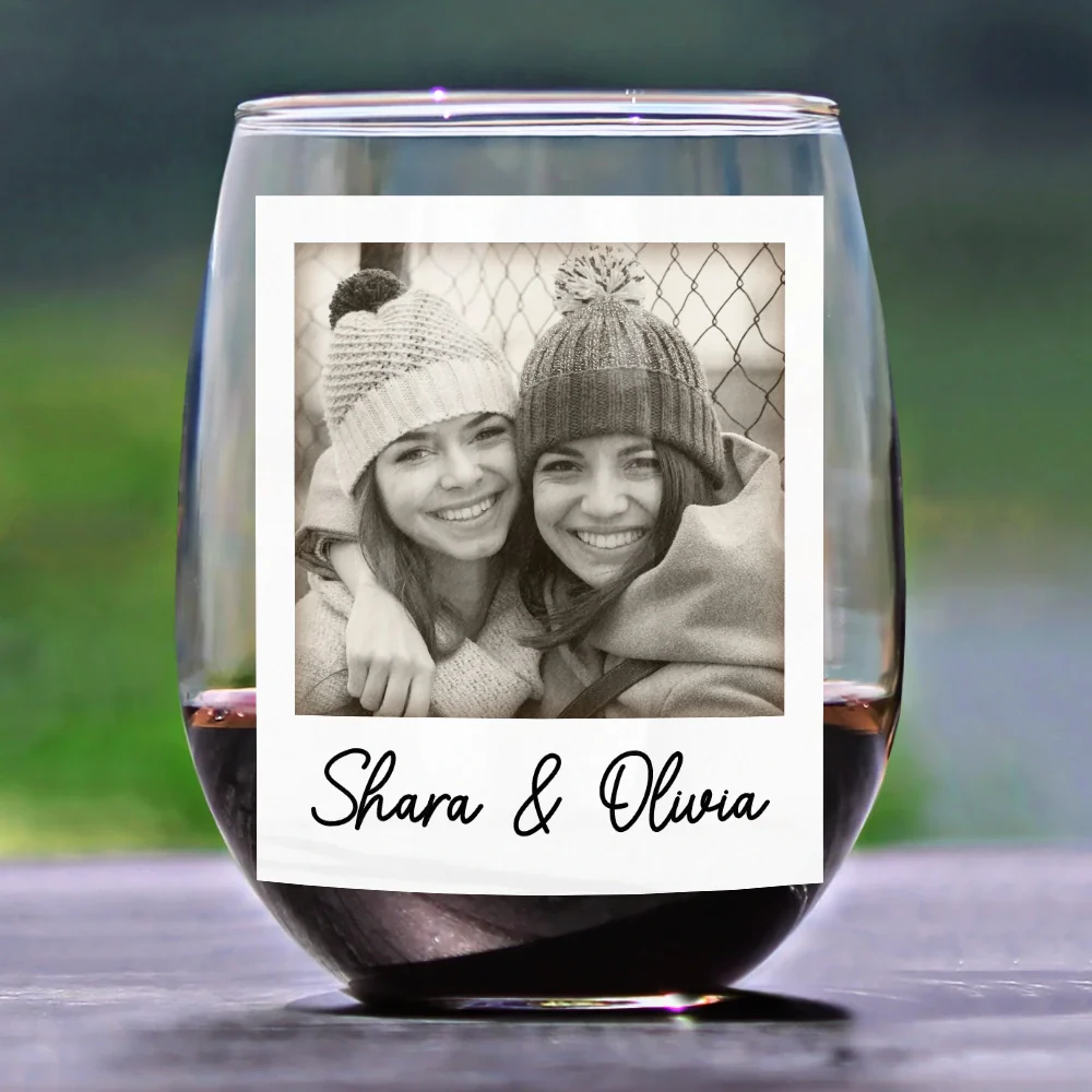 Custom Photo Because Of You I Laugh A Little Harder Besties - Personalized Stemless Wine Glass - Image 2