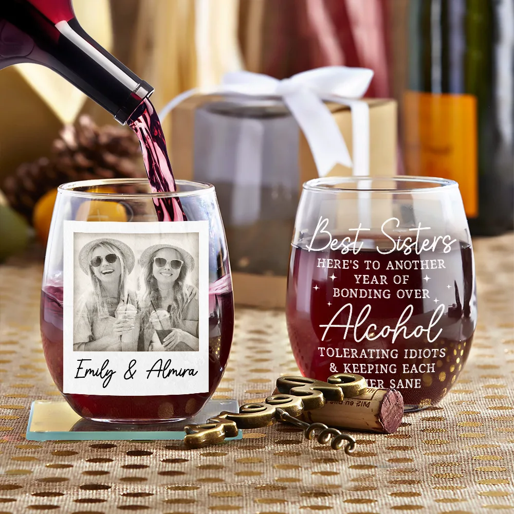 Custom Photo Because Of You I Laugh A Little Harder Besties - Personalized Stemless Wine Glass - Image 3