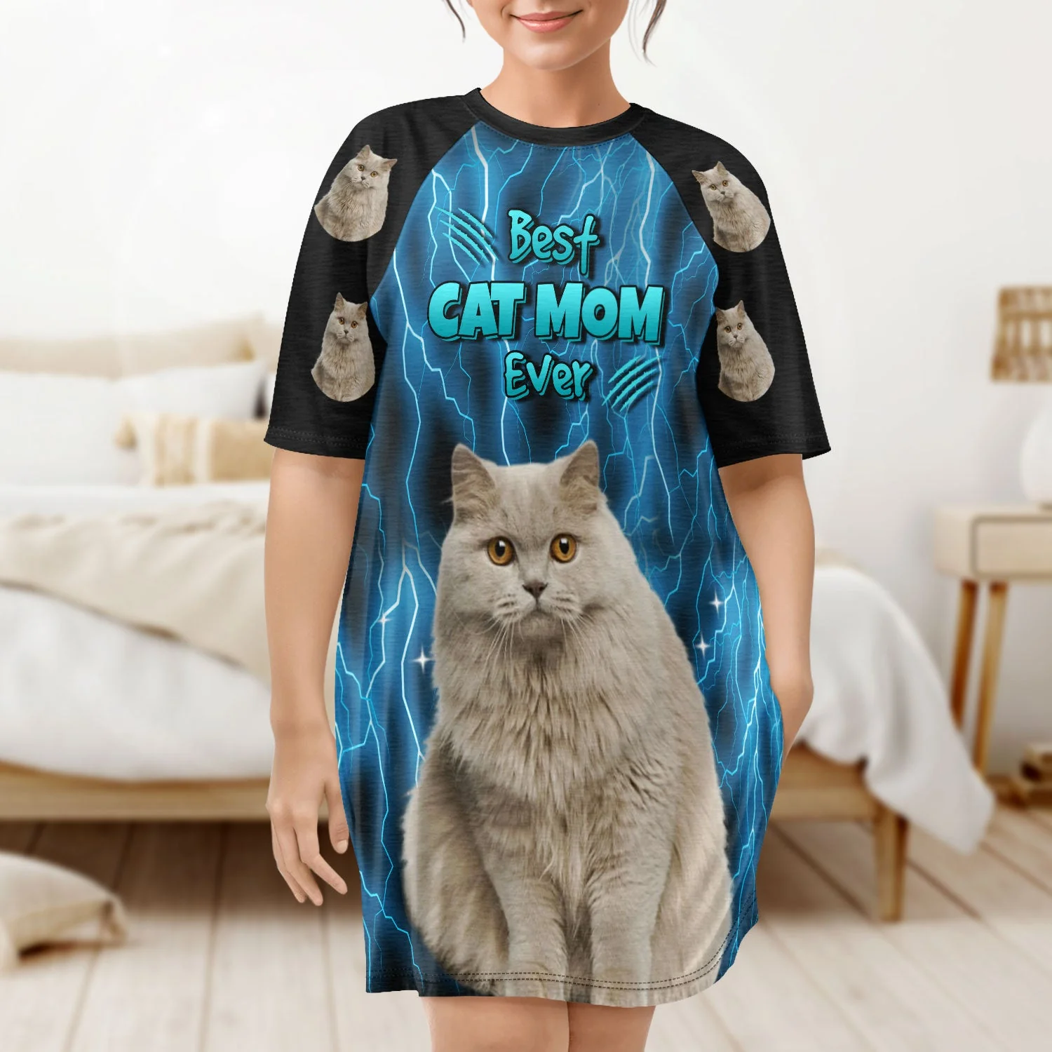 Custom Photo Best Cat Mom Ever - Gift For Cat Lovers - Personalized Women's Sleep Tee - Image 5