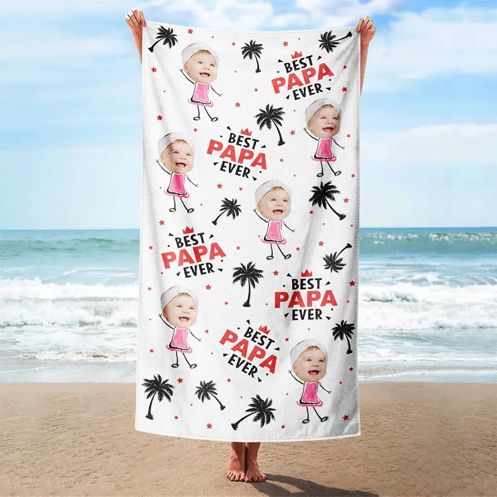 Custom Photo Best Dad Ever Coconut Palm - Personalized Beach Towel - Image 3