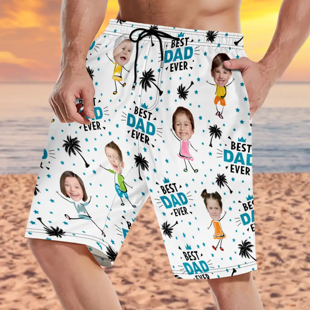 Custom Photo Best Dad Ever Coconut Palm - Personalized Unisex Beach Shorts - Image 4