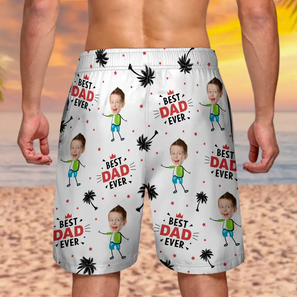 Custom Photo Best Dad Ever Coconut Palm - Personalized Unisex Beach Shorts - Image 5