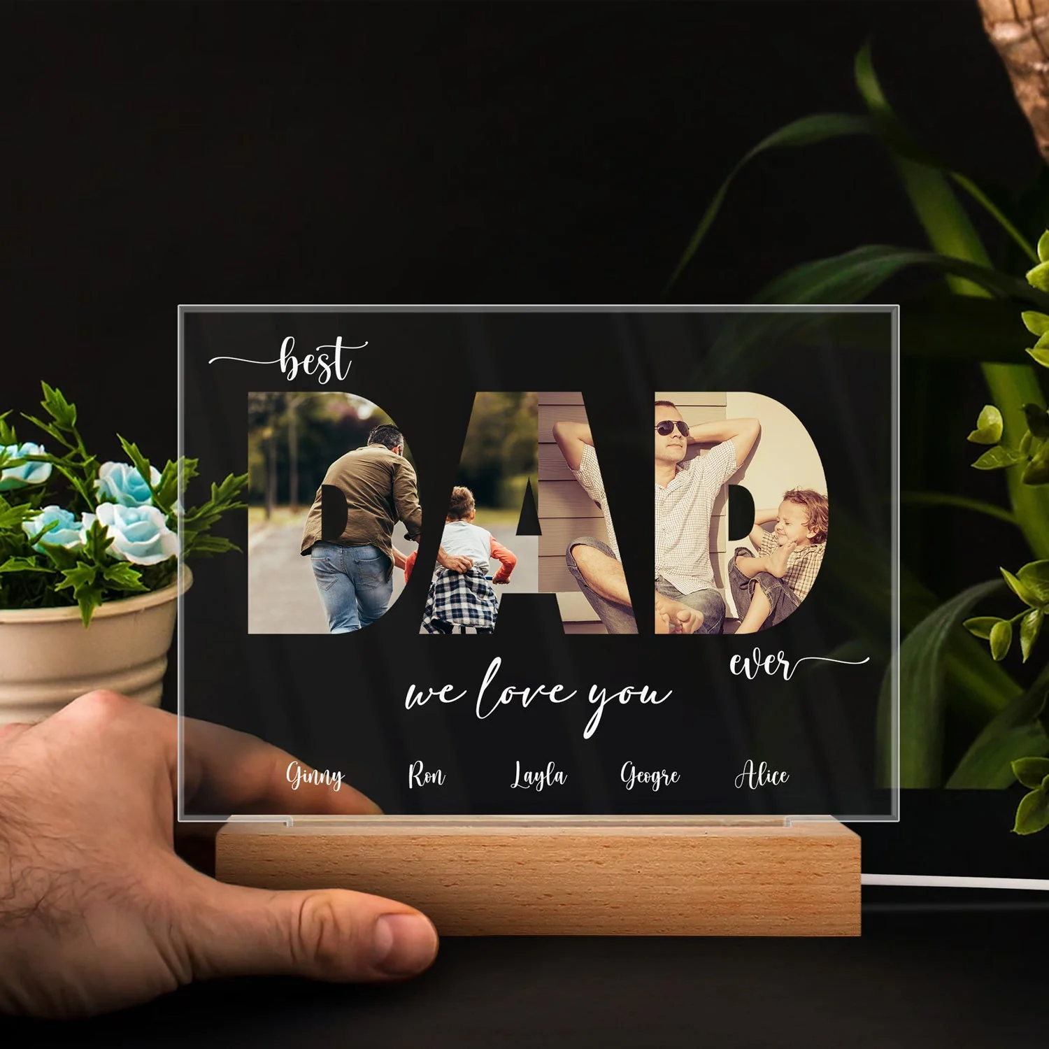Custom Photo Best Dad Ever - Gift For Dad, Father, Grandpa - Personalized Custom 3D Led Light Wooden Base - Image 4