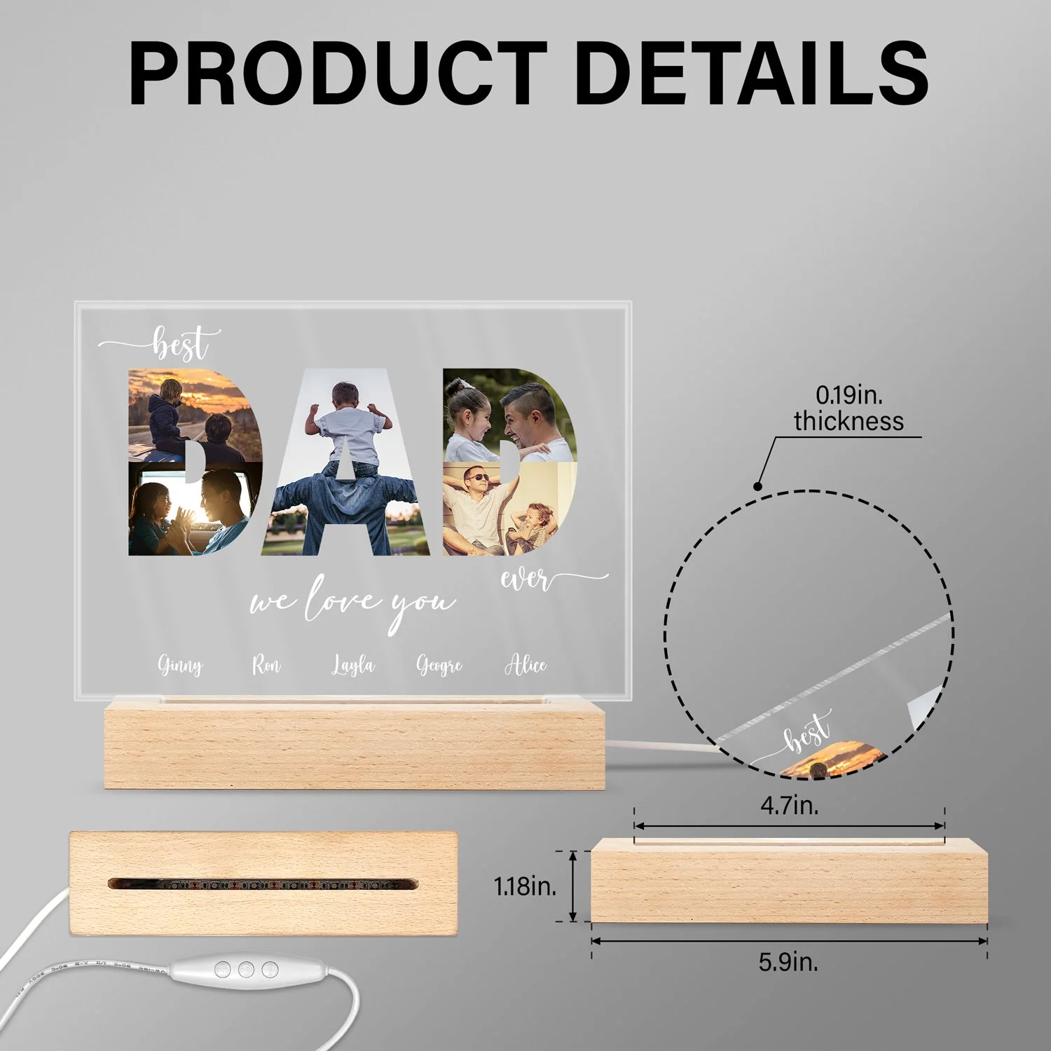 Custom Photo Best Dad Ever - Gift For Dad, Father, Grandpa - Personalized Custom 3D Led Light Wooden Base - Image 6