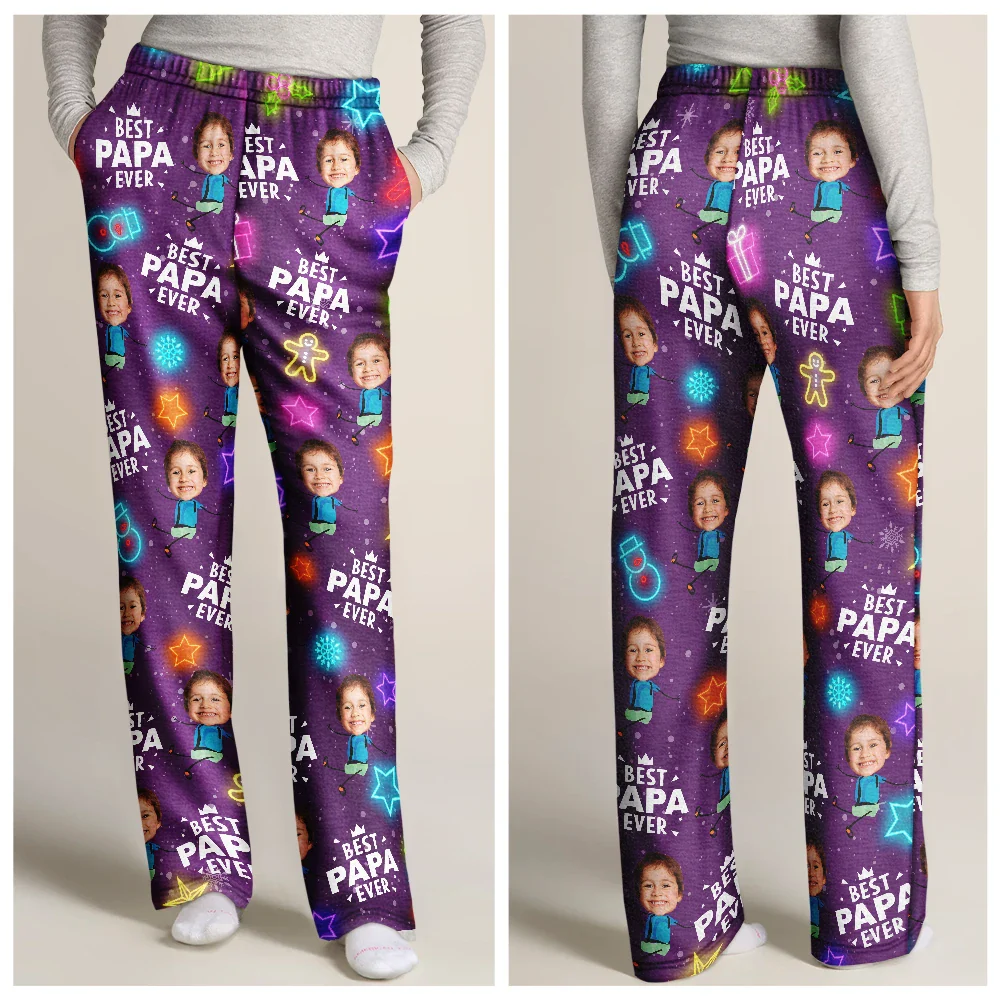 Custom Photo Best Dad Ever Neon Style - Personalized Pajama Pants - Image 4