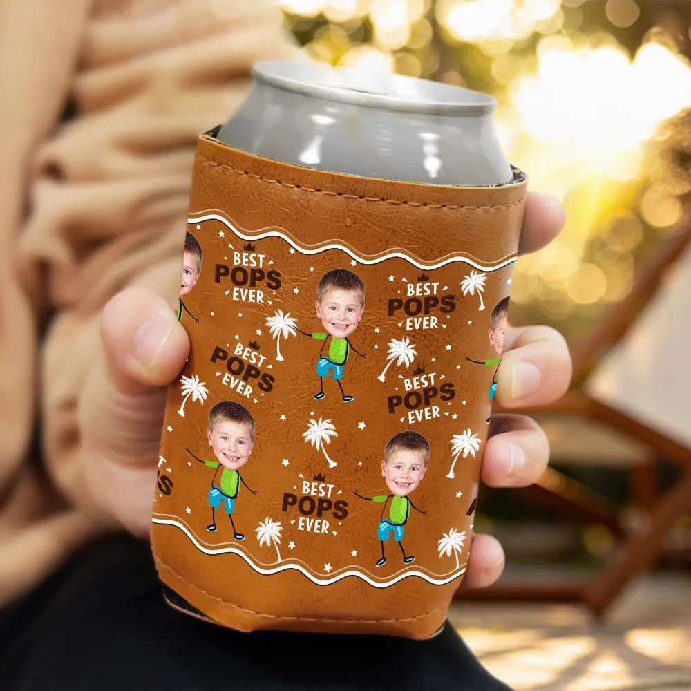 Custom Photo Best Dad Grandpa Ever - Personalized Leather Can Cooler - Image 4
