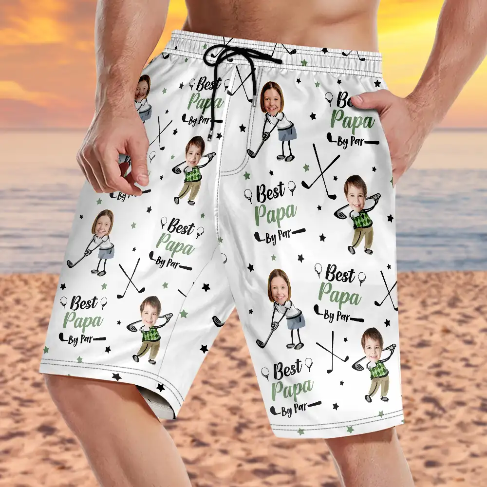 Custom Photo Best Dad Papa By Par Funny Kids - Personalized Unisex Beach Shorts - Image 4