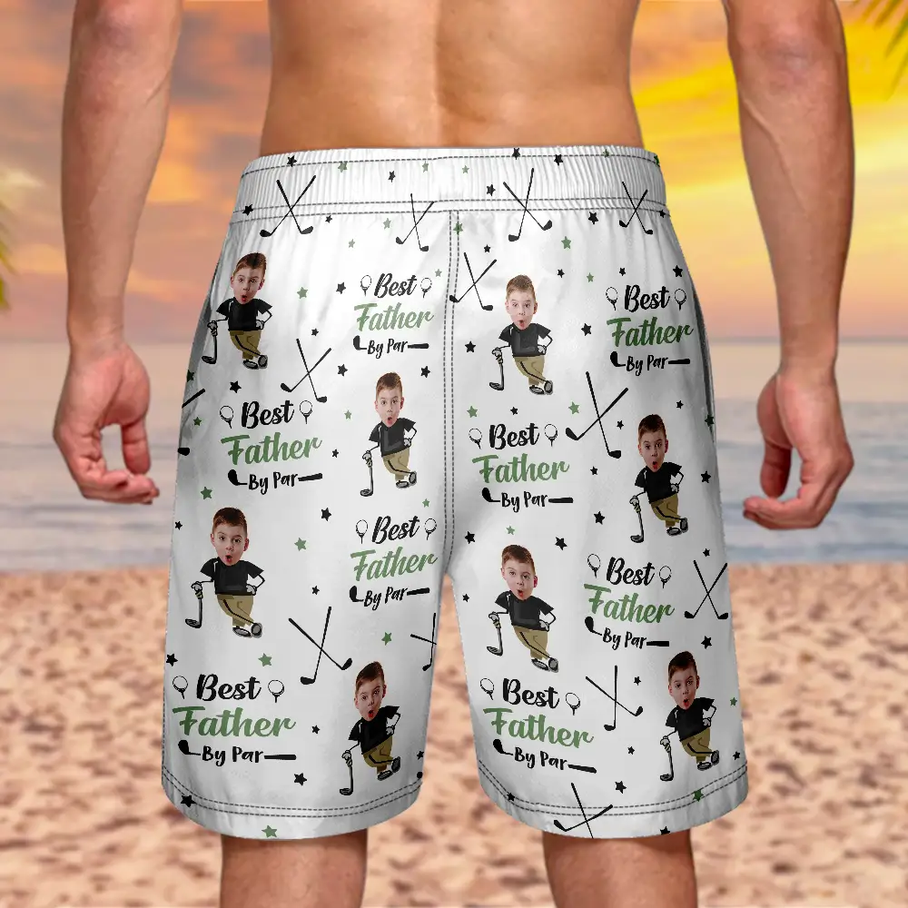 Custom Photo Best Dad Papa By Par Funny Kids - Personalized Unisex Beach Shorts - Image 5