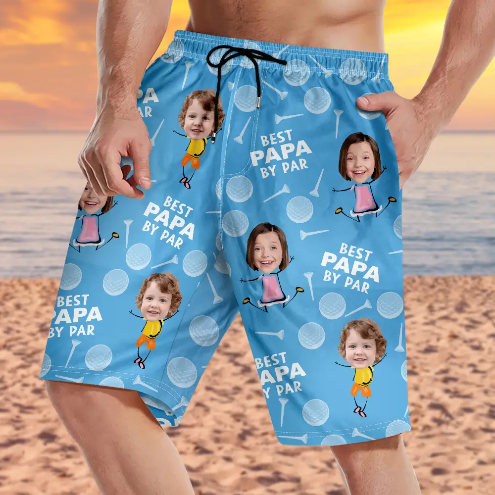 Custom Photo Best Daddy By Par Funny Golf Lover - Personalized Unisex Beach Shorts - Image 4