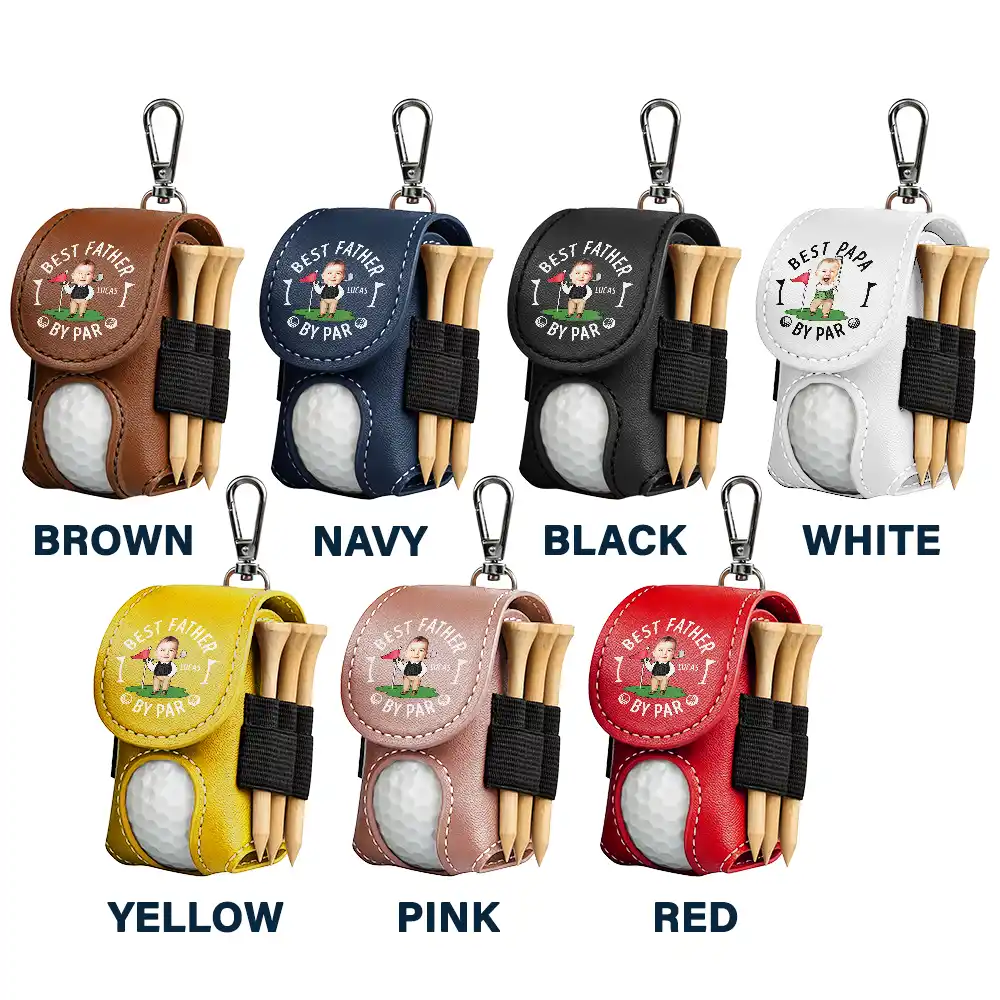 Custom Photo Best Daddy By Par Funny Kid - Personalized Leather Golf Ball Holder - Image 4
