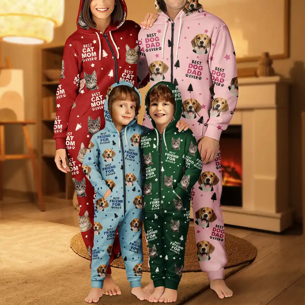Custom Photo Best Dog Cat Dad Mom Ever - Personalized Overall Onesie Hooded Jumpsuit - Image 6