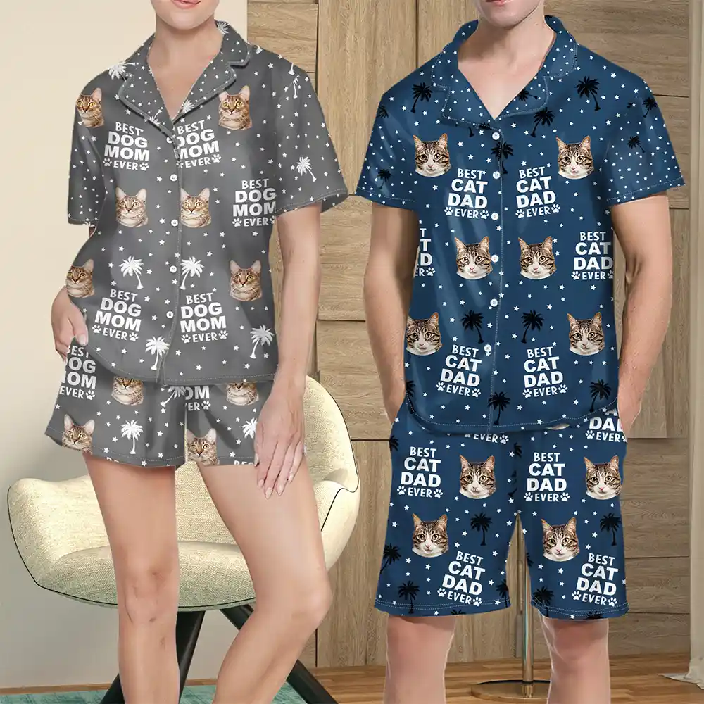 Custom Photo Best Dog Cat Dad Mom Ever - Personalized Short Pajamas Set - Image 4