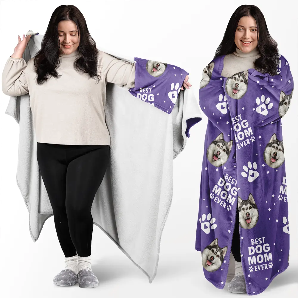 Custom Photo Best Dog Cat Mom Ever - Personalized Wearable Blanket - Image 3