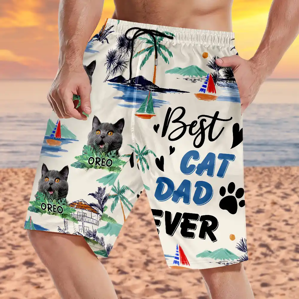 Custom Photo Best Dog Dad Ever - Personalized Unisex Beach Shorts - Image 4
