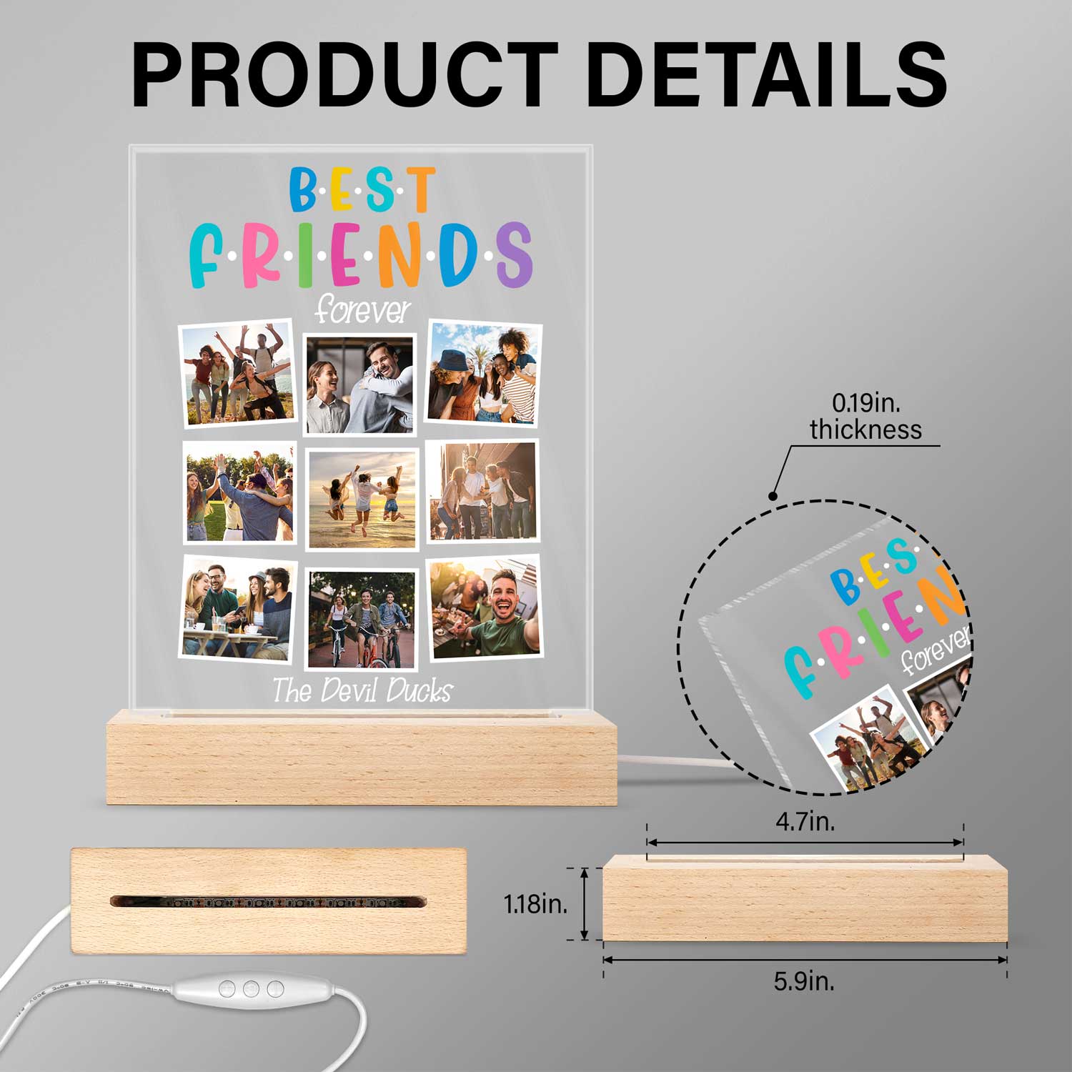 Custom Photo Best Friends Forever - Gift For BFF Besties - Personalized 3D Led Light Wooden Base - Image 5