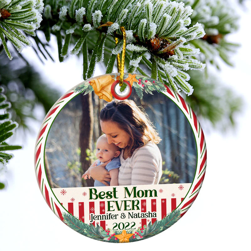 Custom Photo Best Grandma Grandpa Ever - Christmas Gift For Family - Personalized Custom Circle Ceramic Ornament - Image 3
