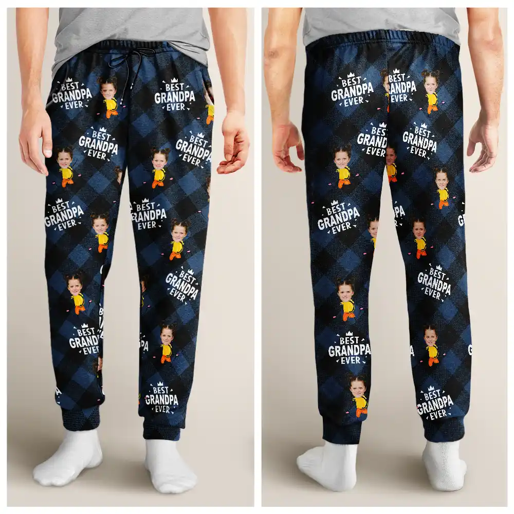Custom Photo Best Grandpa Ever Plaid Checkered Pattern - Personalized Sweatpants - Image 3