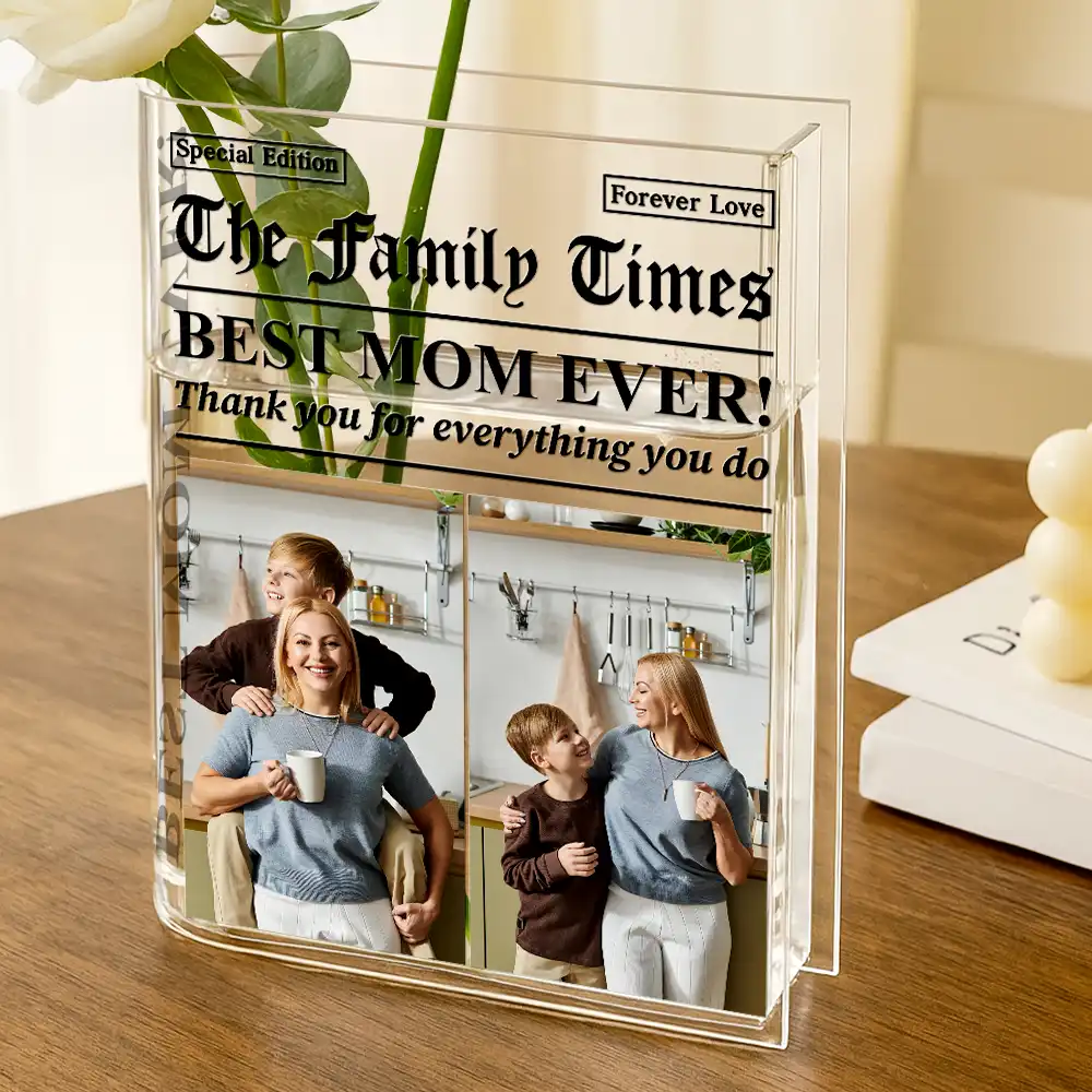Custom Photo Best Mom Dad Ever Newspaper Theme - Personalized Acrylic Book Vase - Image 4