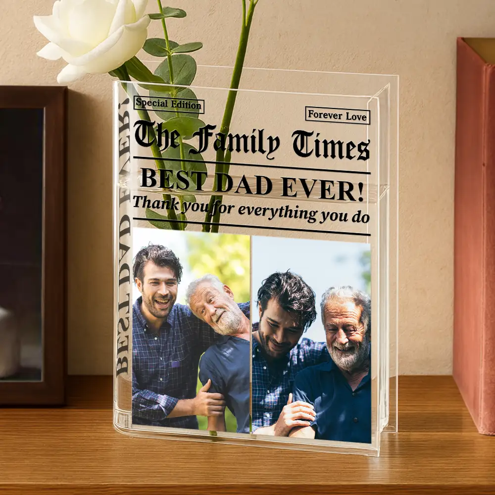 Custom Photo Best Mom Dad Ever Newspaper Theme - Personalized Acrylic Book Vase - Image 6
