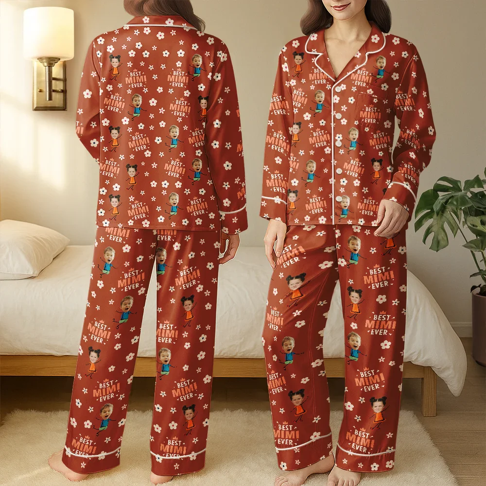 Custom Photo Best Mom Grandma Ever Flower Pattern - Personalized Satin Pajama Set - Image 5