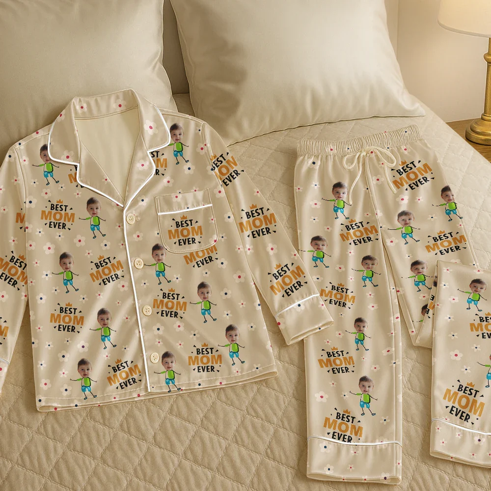 Custom Photo Best Mom Grandma Ever Flower Pattern - Personalized Satin Pajama Set - Image 6
