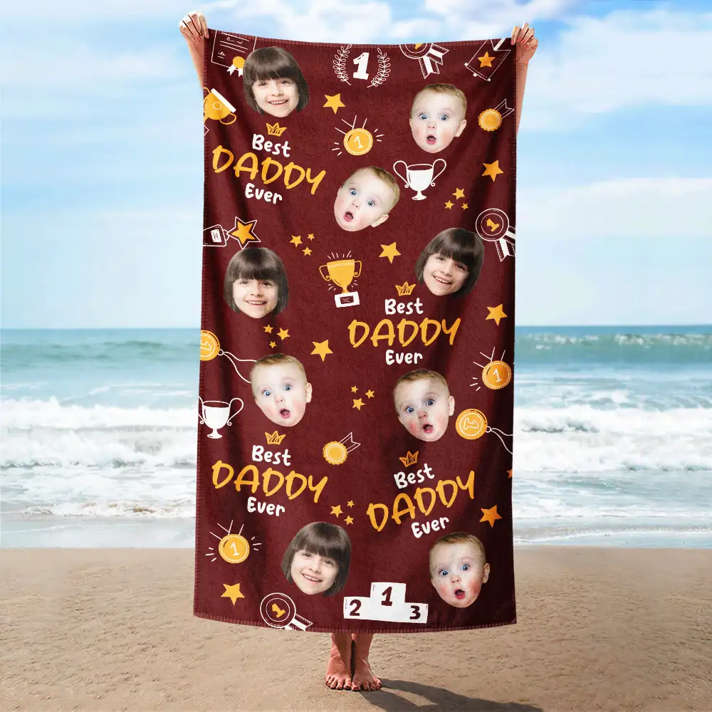 Custom Photo Best Papa Ever Trophy Dad - Personalized Beach Towel - Image 3