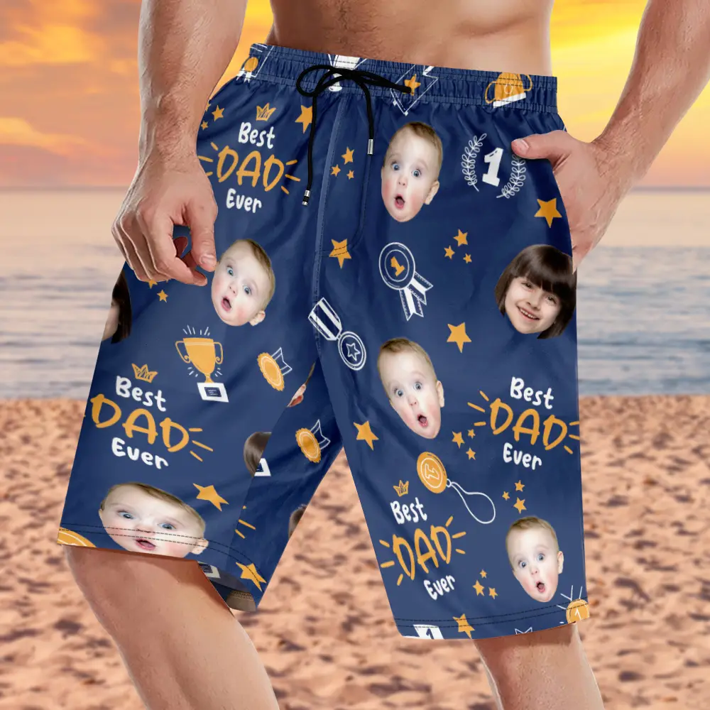 Custom Photo Best Papa Ever Trophy Dad - Personalized Unisex Beach Shorts - Image 4