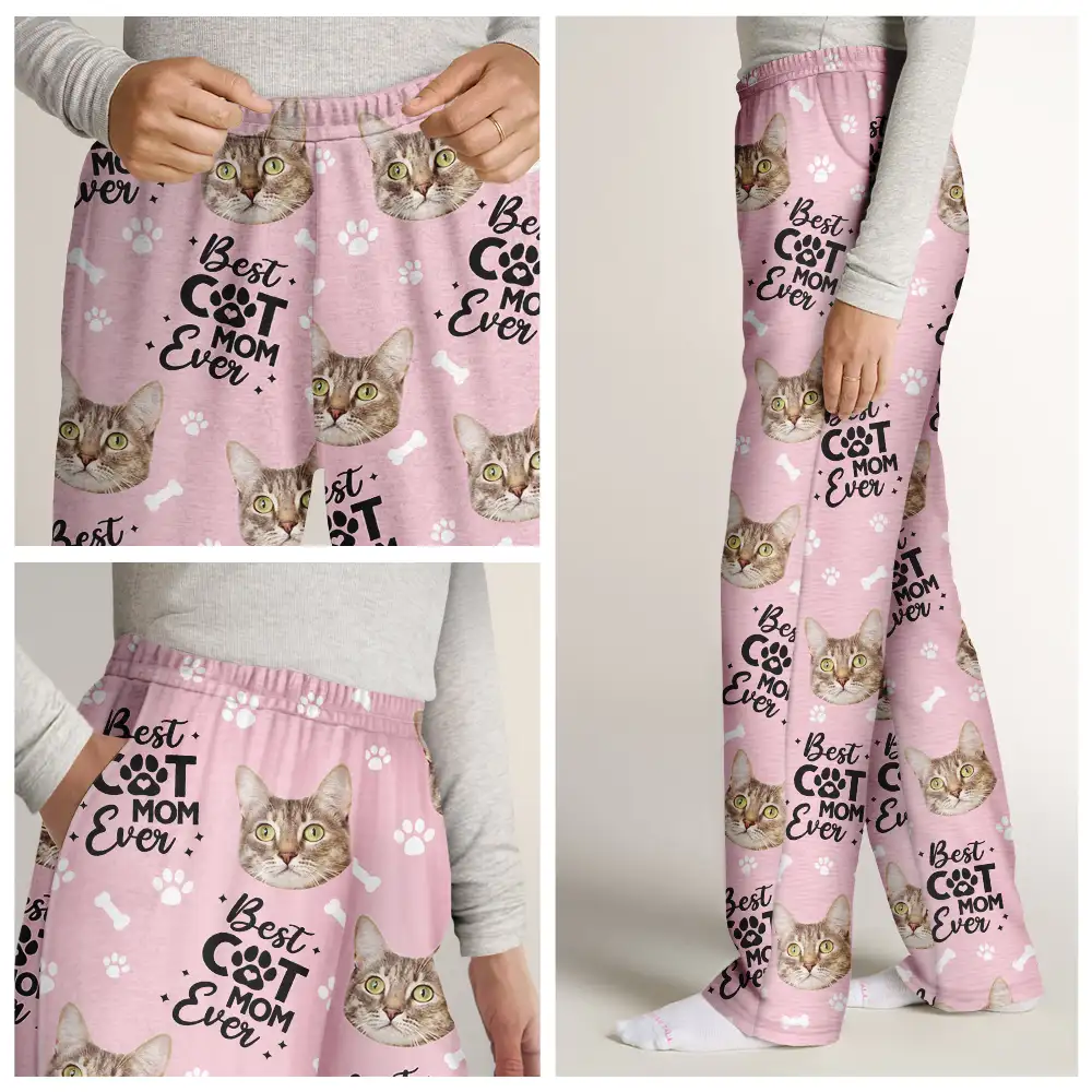 Custom Photo Best Pet Dad Pet Mom Ever Pawprints Pattern - Personalized Pajama Pants - Image 8
