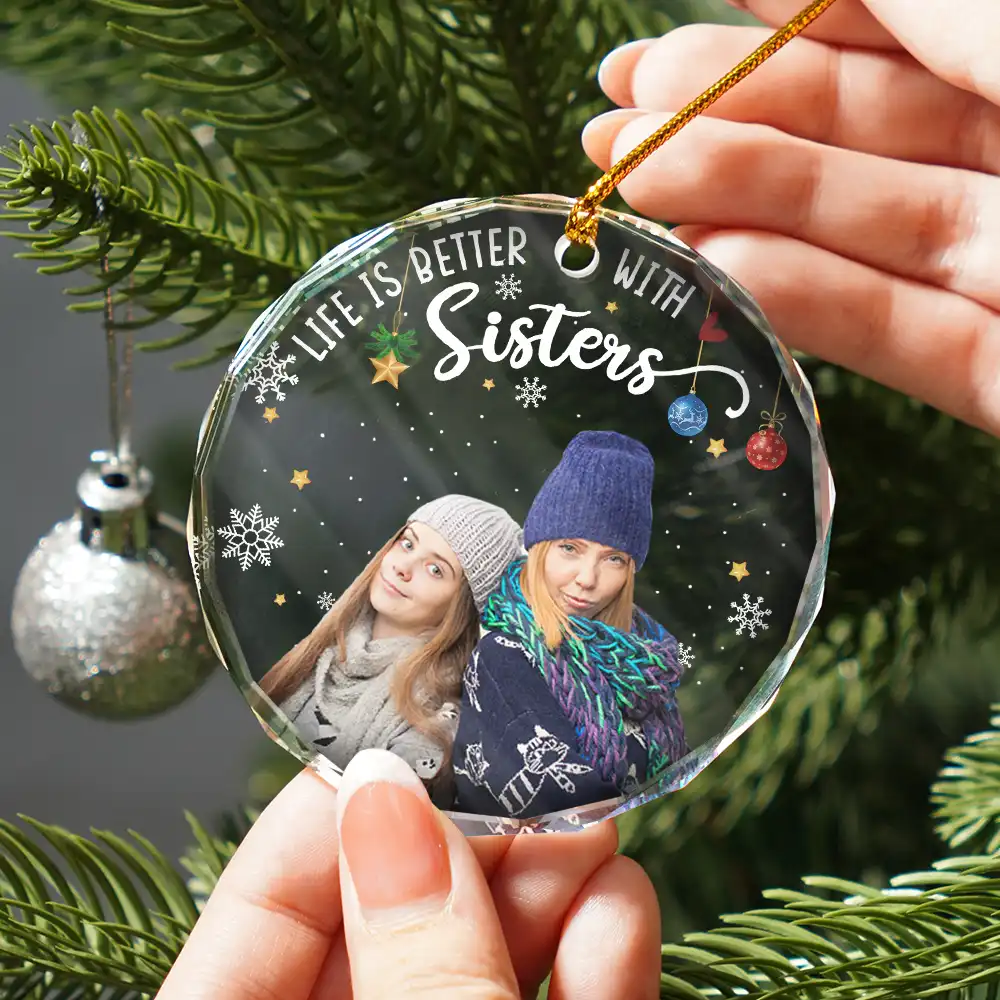 Custom Photo Besties Forever Christmas - Personalized Circle Glass Ornament - Image 3