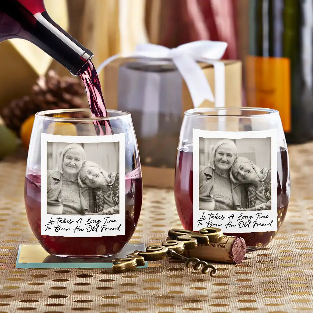 Custom Photo Besties Gray Scale Right In The Throat - Personalised Stemless Wine Glass - Image 3