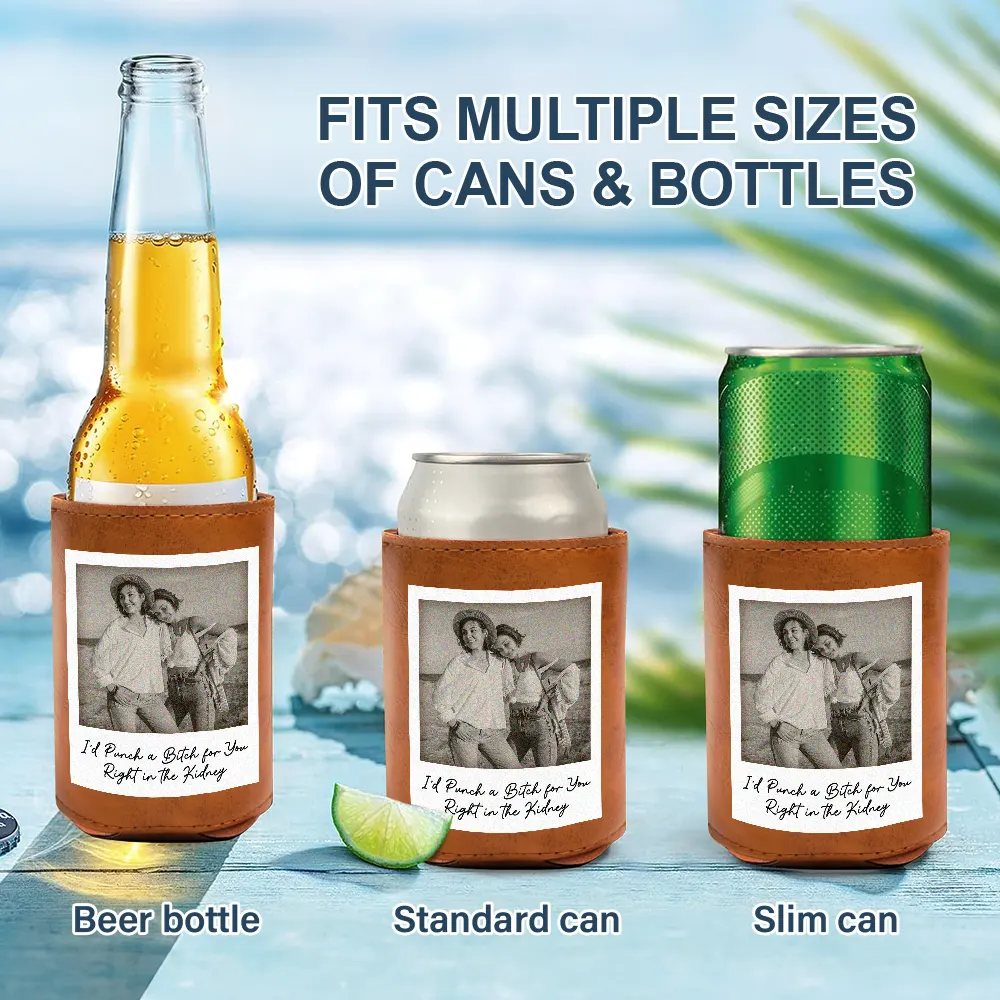 Custom Photo Besties Gray Scale Right In The Throat - Personalized Leather Can Cooler - Image 2