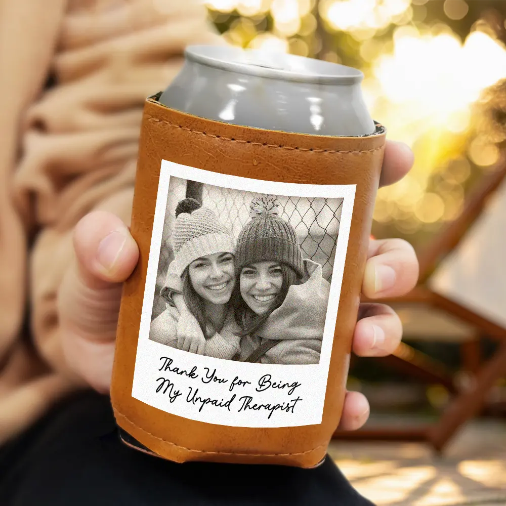 Custom Photo Besties Gray Scale Right In The Throat - Personalized Leather Can Cooler - Image 3