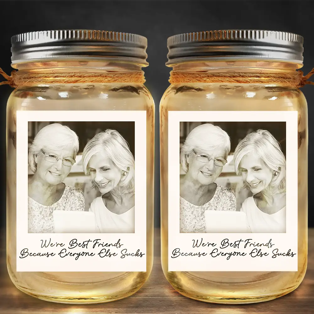 Custom Photo Besties Gray Scale Right In The Throat - Personalized Mason Jar Light - Image 2