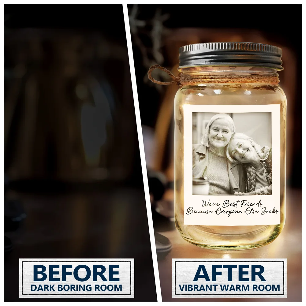 Custom Photo Besties Gray Scale Right In The Throat - Personalized Mason Jar Light - Image 4