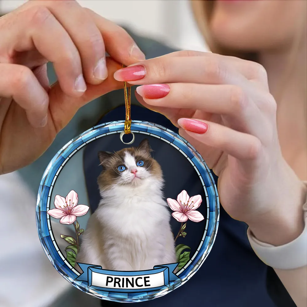Custom Photo Birth Flower Dog Cat Portrait - Personalized Circle Glass Ornament - Image 5